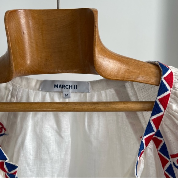 MARCH 11 Tunic Dress White Linen Embroidered Balloon Sleeve Peasant Button Front - Picture 6 of 11